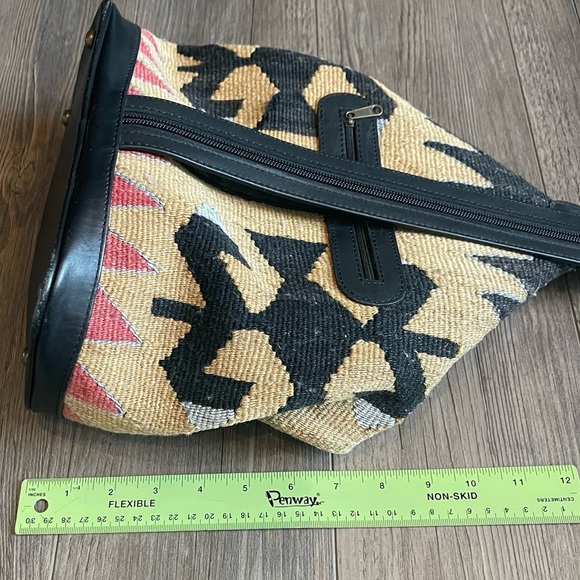 Kilim Black and Tan Tapestry Small Backpack with Black Leather Trim - Picture 9 of 16